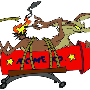 May include: Cartoon image of a coyote on a red rocket with the text "ACME CO." The coyote is holding a lit match to the rocket's fuse. The rocket has yellow star accents and a black base.
