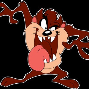 May include: Cartoon image of the Tasmanian Devil, a Looney Tunes character. The character is brown with a tan muzzle and a large pink tongue. The Tasmanian Devil has a wide, toothy grin and is set against a black background.