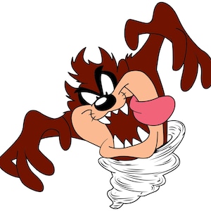 May include: Cartoon image of the Tasmanian Devil, a brown, cartoon character with a large mouth, white teeth, and a pink tongue. The character is emerging from a white tornado.