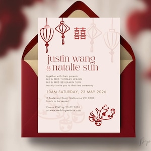 Chinese Tea Ceremony Invitation Template | Editable Asian Wedding Tea Ceremony Printable Invite | Handdrawn Elements | Easy edit on Canva