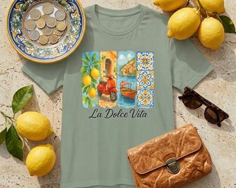 La Dolce Vita T-Shirt | Amalfi Coast Lemons Vespa Italian Tile Tee