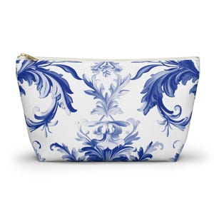 Elegant Blue Floral Accessory Pouch, vintage Makeup Bag, Gift for Her, floral Cosmetic Case