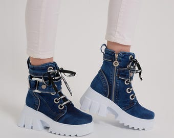 Handmade Denim Boots: Upcycled Jean Boots with Rhinestone Details