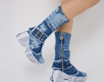 Handmade Denim Boots: Upcycled Jeans, Rhinestone Details