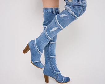 Handmade Denim Thigh High Boots: Recycled Jean Fashion
