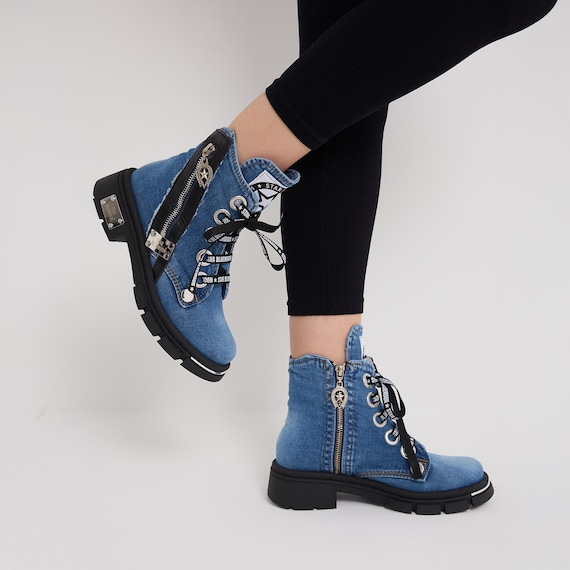 Upcycled Denim Boots: Handmade Rhinestone Accent Sustainable