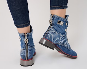Handmade Denim Boots: Upcycled Jean Boots with Rhinestone Details