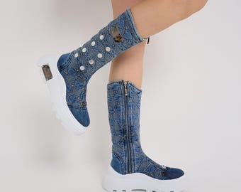 Handgemachte Denim Boots: Upcycled Jeans, Retro Style
