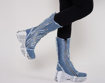 Reclaimed Denim Boots: Handmade Women's Fashion Footwear