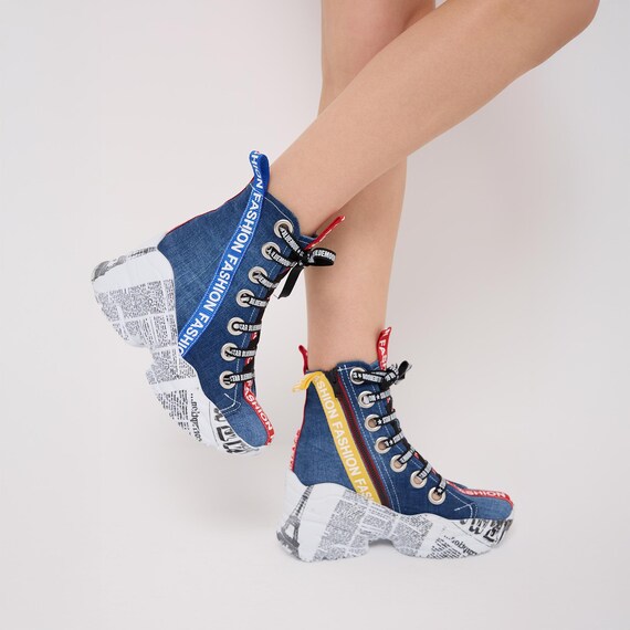 Handcrafted Denim Platform Boots: Distressed Style - Etsy Israel display picture 2
