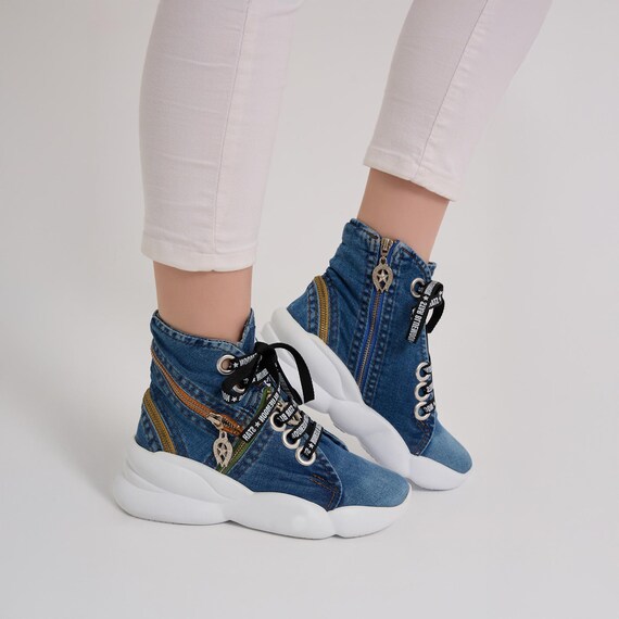 Handmade Denim Boots: Recycled Jeans, Rhinestone Details, EU Size