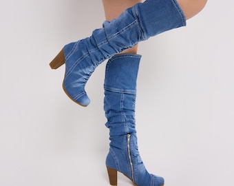 Handmade Denim Heeled Boots: Artisan Crafted Vintage Style