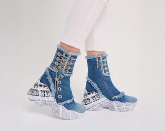 Handmade Denim Boots from Recycled Jeans | Sustainable Fashion & Bold Street Style Statement Shoes