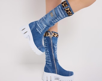 Handgefertigte Denim Plateau Stiefel: Upcycled Jeans Stiefel für Damen