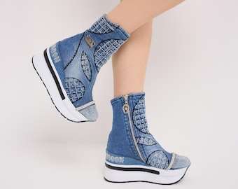 Handgefertigte Denim Strass Stiefel: Damen Eco-Style Plateau Schuhe