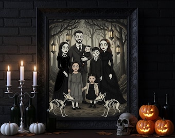 Retrato familiar gótico personalizado con mascotas, póster espeluznante personalizado, arte mural de Halloween personalizado, ilustración personalizada, retrato a partir de una foto.