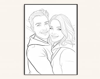 May include: Black and white line art portrait of a smiling couple embracing. The artwork is framed in a black border, with the subjects wearing hoodies. The image is a digital illustration, suitable for coloring or as a minimalist design.