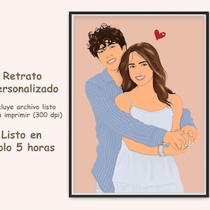 May include: A framed digital illustration of a couple embracing, with a red heart above them. The man wears a blue striped shirt, and the woman is in a white dress. Text on the left reads "Retrato Personalizado" and "Listo en solo 5 horas."