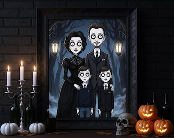 Retrato familiar gótico personalizado, póster personalizado de la temporada espeluznante, arte mural de Halloween personalizado, ilustración a partir de una foto, regalo personalizado