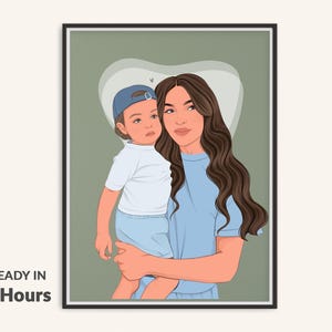 May include: A digital illustration in a black frame featuring a person with long brown hair wearing a light blue shirt, holding a child who wears a white t-shirt, light blue shorts, and a blue baseball cap, set against a sage green background.