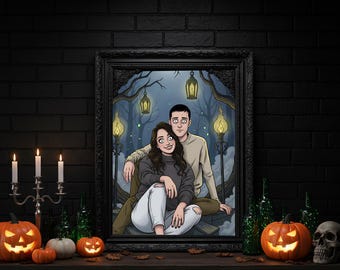Custom Gothic Portrait, Addams Family Style Portrait, Custom Witchy Couple Portrait, Personalized Gift, Personalized Halloween Wall Art