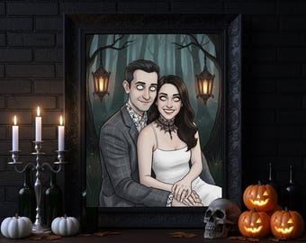 Custom Gothic Portrait, Addams Family Style Portrait, Custom Witchy Couple Portrait, Personalized Gift, Personalized Halloween Wall Art