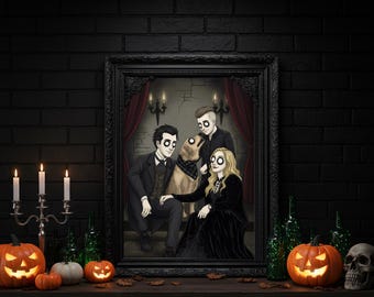Retrato familiar gótico personalizado con mascotas, póster personalizado de temporada espeluznante, arte mural de Halloween personalizado, ilustración personalizada, decoración del hogar