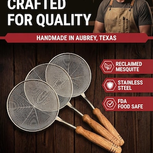 Hand Turned Texas Mesquite Kitchen Strainer | Handmade Stainless Steel Mesh Strainer | Artisan Cooking Gift - Personally signed by the Maker