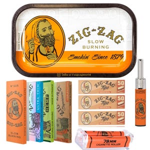 May include: An assortment of Zig-Zag smoking accessories, including a rolling tray, rolling papers, tips, a lighter, and a cigarette roller. The tray features a vintage illustration and the text "Smokin' Since 1879". The products are in orange, white, and brown.