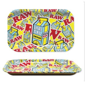 May include: Two rectangular trays with a yellow background and a repeating pattern of lemonade cartons and the word "RAW" in red. The trays feature the text "LYRICAL LEMONADE" and "100% RAW".