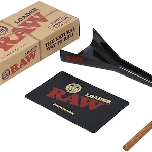 May include: A RAW Loader kit, including a cardboard box, black funnel, card, and wooden stick. The box is brown with red text and the RAW logo. The funnel and card also feature the RAW logo.