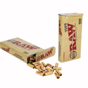 May include: Tan metal tin and box of pre-rolled tips with the word "RAW" in red. The box is open, with tips spilling out. The tin and box are tied with twine. The text "AUTHENTIC PRE-ROLLED TIPS" and "100 TIPS PER TIN" are visible.