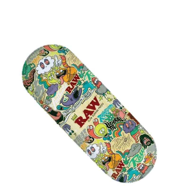 May include: A rectangular, metal rolling tray with a colorful cartoon design. The tray features the word "RAW" in red, along with various cartoon characters and the text "Crafted Genuine Fibers". The tray is designed for rolling papers.