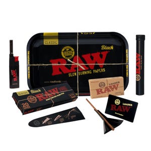RAW Black Rolling Kit – 11x7 Tray 1 1/4 Cones 20ct King Size Tube Loader & Lighter