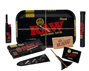 RAW Black Rolling Kit – 11x7 Tray 1 1/4 Cones 20ct King Size Tube Loader & Lighter