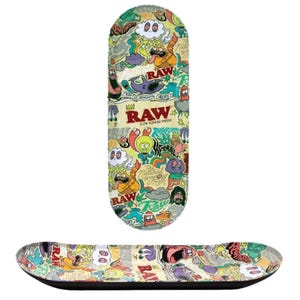 May include: A decorative rolling tray and matching tray with a colorful cartoon design. The trays feature the text "RAW" and "Crafted Genuine Fibers". The design includes various cartoon characters and the text "The Natural Way to Roll".