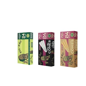 May include: Three rectangular boxes of Zig-Zag mini cones. The left box is light green, the middle box is black, and the right box is tan. Each box features the Zig-Zag logo, a 24-pack count, and an illustration of a person with a beard.
