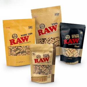 May include: Four resealable pouches of RAW brand pre-rolled tips. The yellow bag contains 180 wide tips, the tan bag holds 200 tips, the smaller tan bag features 100 sticky tips, and the black bag contains 50 extra wide pre-rolled W-tips.