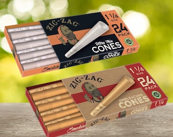 Zig-Zag Unbleached or Ultra Thin Pre-Rolled Cones –1 1/4 | 24 Pack Box | Premium Easy Fill