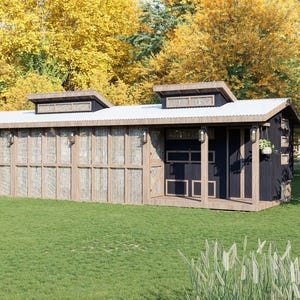 May include: A small, modern cabin-style chicken coop with a corrugated metal roof and dark brown siding. The coop has a wooden facade with a series of vertical panels and a small porch. | DIY modern cabin chicken coop building plans with walk-in run, storage area, and easy-clean access hatches for backyard chickens.