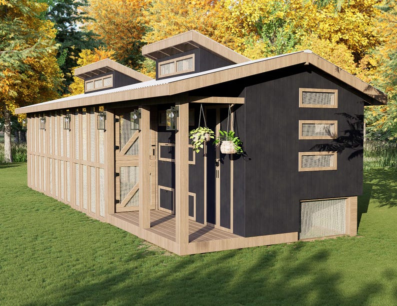 May include: A rectangular chicken coop featuring black exterior walls, light brown wooden trim, and a metal roof. The structure includes multiple small rectangular windows, a covered porch area with hanging plants, and wire mesh panels.