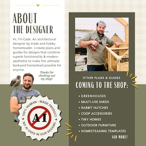 May include: An informational graphic titled ABOUT THE DESIGNER featuring a photo of a person using a power drill on a wooden structure, a photo of a person with a chicken on their shoulder, and a badge stating 100% HUMAN-MADE PRODUCT NO AI USED.