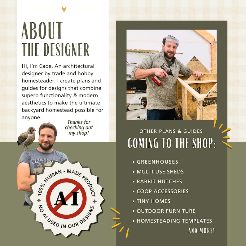 May include: An informational graphic titled ABOUT THE DESIGNER featuring a photo of a person using a power drill on a wooden structure, a photo of a person with a chicken on their shoulder, and a badge stating 100% HUMAN-MADE PRODUCT NO AI USED.