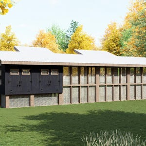 May include: A modern chicken coop and run with a dark exterior and a corrugated metal roof. | DIY modern cabin chicken coop building plans with walk-in run, storage area, and easy-clean access hatches for backyard chickens.
