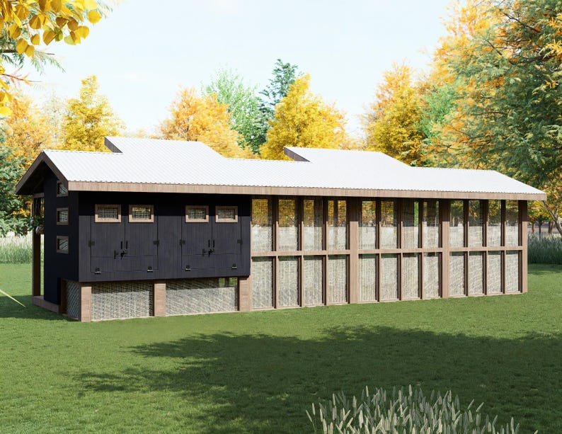 May include: A modern chicken coop and run with a dark exterior and a corrugated metal roof. | DIY modern cabin chicken coop building plans with walk-in run, storage area, and easy-clean access hatches for backyard chickens.