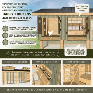 May include: A wooden chicken coop with green vertical siding and a dark roof. The structure features open hatches for access, interior nesting boxes, ventilation windows, and a covered area underneath. Text highlights features like deep litter compatibility.