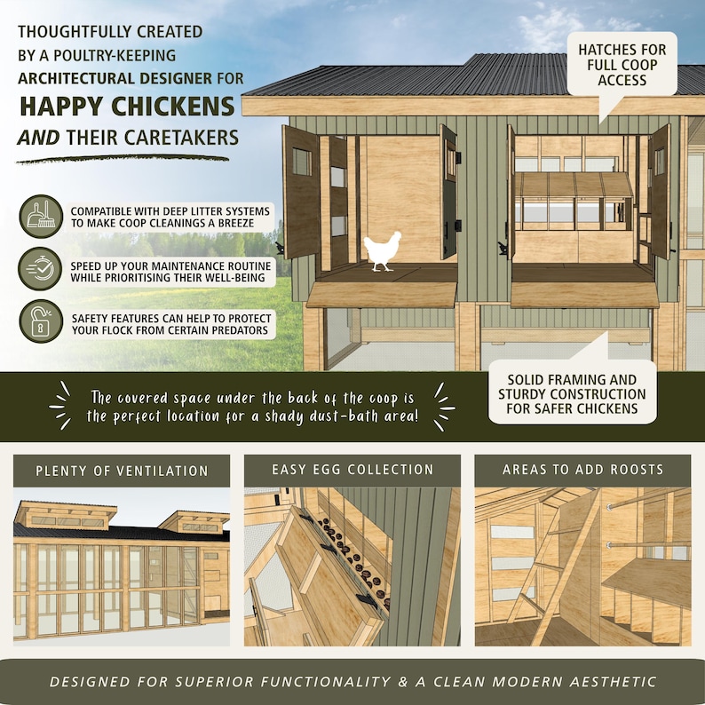 May include: A wooden chicken coop with green vertical siding and a dark roof. The structure features open hatches for access, interior nesting boxes, ventilation windows, and a covered area underneath. Text highlights features like deep litter compatibility.