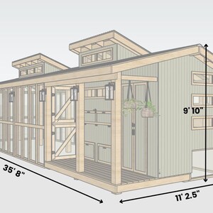 May include: Architectural rendering of a chicken coop 35' 8" long, 11' 2.5" wide, and 9' 10" high. The design features a sloped roof, vented dormers, multiple windows, and hanging plants. Exterior lights are mounted on the walls. | DIY modern cabin chicken coop plans with walk-in run, storage area, and easy-clean access hatches for backyard chickens. | DIY modern cabin chicken coop plans with walk-in run, storage area, and easy-clean access hatches for backyard chickens.