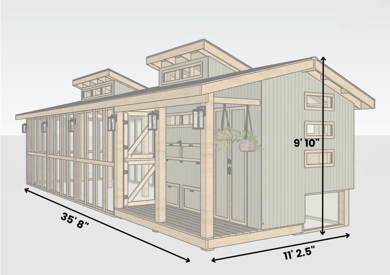 May include: Architectural rendering of a chicken coop 35' 8" long, 11' 2.5" wide, and 9' 10" high. The design features a sloped roof, vented dormers, multiple windows, and hanging plants. Exterior lights are mounted on the walls. | DIY modern cabin chicken coop plans with walk-in run, storage area, and easy-clean access hatches for backyard chickens. | DIY modern cabin chicken coop plans with walk-in run, storage area, and easy-clean access hatches for backyard chickens.