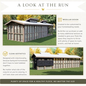 May include: A modular chicken coop and run featuring a brown wooden frame, white corrugated roof, and wire mesh walls. The structure includes black nesting box panels, small windows, and text reading A LOOK AT THE RUN, MODULAR DESIGN, and CLEAN AESTHETICS.